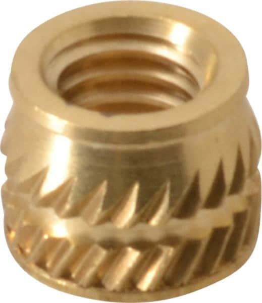 E-Z LOK - #10-32, 0.267" Small to 0.277" Large End Hole Diam, Brass Single Vane Tapered Hole Threaded Insert - 0.296" Insert, 0.272" Pilot Diam, 0.225" OAL, 0.159" Min Wall Thickness - Makers Industrial Supply