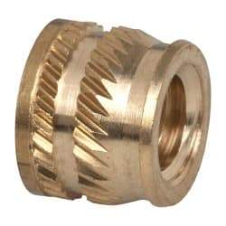 E-Z LOK - 1/4-20, 0.349" Small to 0.363" Large End Hole Diam, Brass Single Vane Tapered Hole Threaded Insert - 3/8" Insert, 0.354" Pilot Diam, 0.3" OAL, 0.194" Min Wall Thickness - Makers Industrial Supply