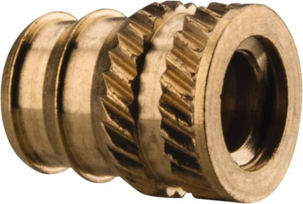 E-Z LOK - #10-24, 0.246" Small to 0.277" Large End Hole Diam, Brass Double Vane Tapered Hole Threaded Insert - 19/64" Insert, 1/4" Pilot Diam, 3/8" OAL, 0.159" Min Wall Thickness - Makers Industrial Supply