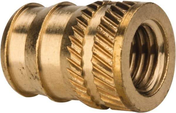 E-Z LOK - 1/4-28, 0.321" Small to 0.363" Large End Hole Diam, Brass Double Vane Tapered Hole Threaded Insert - 3/8" Insert, 0.332" Pilot Diam, 1/2" OAL, 0.194" Min Wall Thickness - Makers Industrial Supply