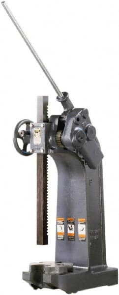 Dake - 1-1/2" Ram, 7-3/4" Throat Depth, 6 Ton Manual Arbor Press - 20-1/4" Max Work Height x 15-1/2" Max Work Width, Compound Leverage, 66:1 Leverage Ratio, 8-1/4" Base Width x 20" Base Depth - Makers Industrial Supply