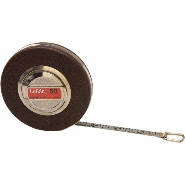 Lufkin - 50' x 3/8" White Steel Blade Tape Measure - 1/8" Graduation, Brown Steel Case - Makers Industrial Supply