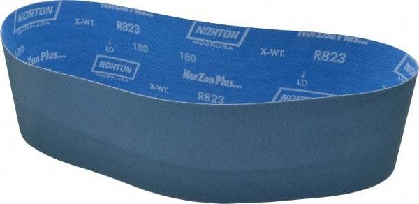 Norton - 4" Wide x 36" OAL, 180 Grit, Zirconia Alumina Abrasive Belt - Zirconia Alumina, Very Fine, Coated, X Weighted Cloth Backing, Series R823 - Makers Industrial Supply