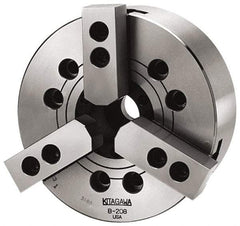 Kitagawa - 3 Jaws, 12" Chuck Diam, Plain Back Mount, 3.5827" Through Hole, Drawbar, Hydraulic Power Lathe Chuck - 31,718 Lb Force per Jaw, 1.5mm x 60 Serrated Jaw Interface, 34mm to 304mm Jaw Capacity, 3,300 RPM, High Speed Steel Body - Makers Industrial Supply