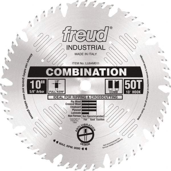 Freud - 10" Diam, 5/8" Arbor Hole Diam, 50 Tooth Wet & Dry Cut Saw Blade - Carbide-Tipped, Standard Round Arbor - Makers Industrial Supply