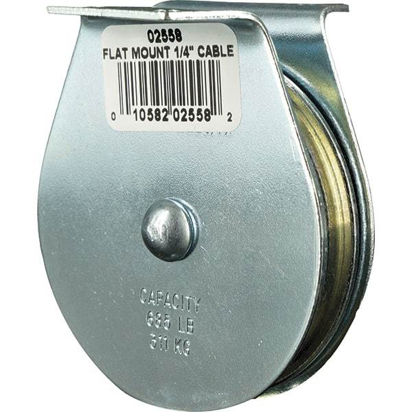 Block Division - 685 Lbs. Load Limit, Flat Standard Block - Upright Mount, Single Sheave, 2-1/2 Inch Outside Diameter, Wire Rope, 1/4 Inch Diameter, Eye, 7/8 Inch Inside Diameter, Carbon Steel, Zinc Plated Finish - Makers Industrial Supply