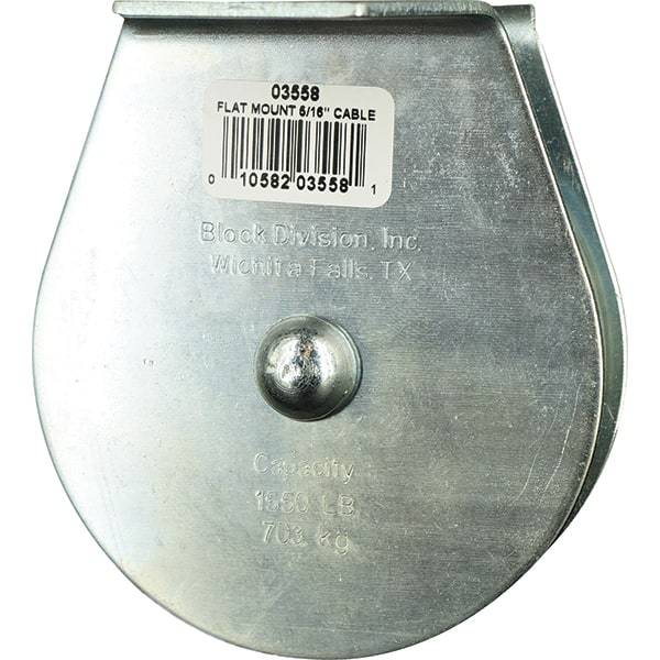 Block Division - 1, 550 Lbs. Load Limit, Flat Standard Block - Upright Mount, Single Sheave, 3-1/2 Inch Outside Diameter, Wire Rope, 5/16 Inch Diameter, Eye, 1-3/16 Inch Inside Diameter, Carbon Steel, Zinc Plated Finish - Makers Industrial Supply