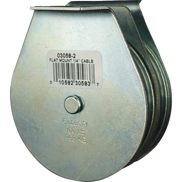 Block Division - 800 Lbs. Load Limit, Flat Standard Block - Upright Mount, Double Sheave, 3 Inch Outside Diameter, Wire Rope, 1/4 Inch Diameter, Eye, 7/8 Inch Inside Diameter, Carbon Steel, Zinc Plated Finish - Makers Industrial Supply