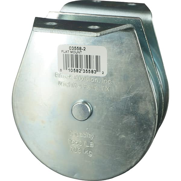 Block Division - 1, 550 Lbs. Load Limit, Flat Standard Block - Upright Mount, Double Sheave, 3-1/2 Inch Outside Diameter, Wire Rope, 5/16 Inch Diameter, Eye, 1-3/16 Inch Inside Diameter, Carbon Steel, Zinc Plated Finish - Makers Industrial Supply