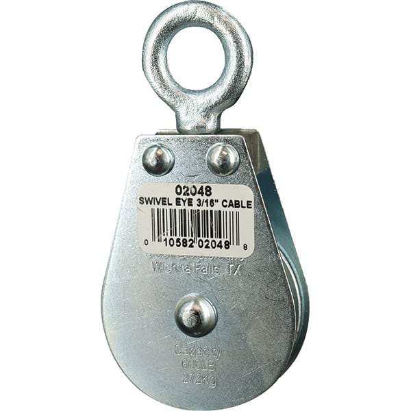 Block Division - 600 Lbs. Load Limit, Swivel Eye Standard Block - Single Sheave, 2 Inch Outside Diameter, Wire Rope, 3/16 Inch Diameter, Eye, 5/8 Inch Inside Diameter, Carbon Steel, Zinc Plated Finish - Makers Industrial Supply