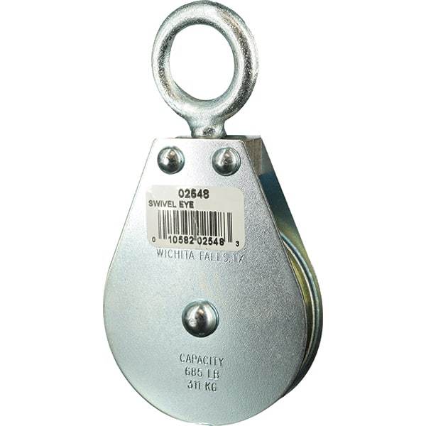 Block Division - 685 Lbs. Load Limit, Swivel Eye Standard Block - Single Sheave, 2-1/2 Inch Outside Diameter, Wire Rope, 1/4 Inch Diameter, Eye, 7/8 Inch Inside Diameter, Carbon Steel, Zinc Plated Finish - Makers Industrial Supply