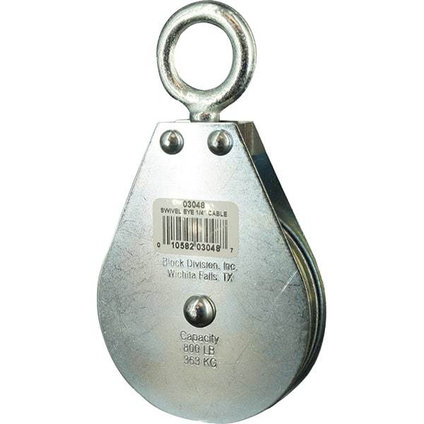 Block Division - 640 Lbs. Load Limit, Swivel Eye Standard Block - Single Sheave, 3-3/4 Inch Outside Diameter, Wire Rope, 1/4 Inch Diameter, Eye, 7/8 Inch Inside Diameter, Carbon Steel, Zinc Plated Finish - Makers Industrial Supply