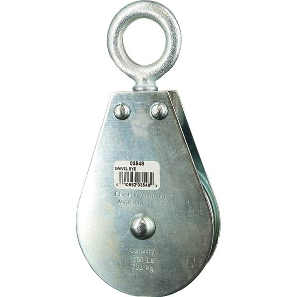 Block Division - 1, 550 Lbs. Load Limit, Swivel Eye Standard Block - Single Sheave, 3-1/2 Inch Outside Diameter, Wire Rope, 5/16 Inch Diameter, Eye, 1-3/16 Inch Inside Diameter, Carbon Steel, Zinc Plated Finish - Makers Industrial Supply