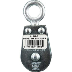 Block Division - 525 Lbs. Load Limit, Swivel Eye Standard Block - Double Sheave, 1-1/2 Inch Outside Diameter, Wire Rope, 3/16 Inch Diameter, Eye, 5/8 Inch Inside Diameter, Carbon Steel, Zinc Plated Finish - Makers Industrial Supply