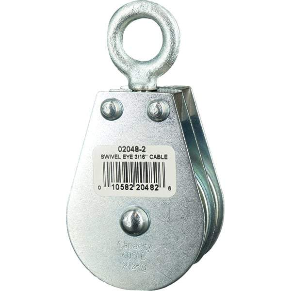 Block Division - 600 Lbs. Load Limit, Swivel Eye Standard Block - Double Sheave, 2 Inch Outside Diameter, Wire Rope, 3/16 Inch Diameter, Eye, 5/8 Inch Inside Diameter, Carbon Steel, Zinc Plated Finish - Makers Industrial Supply