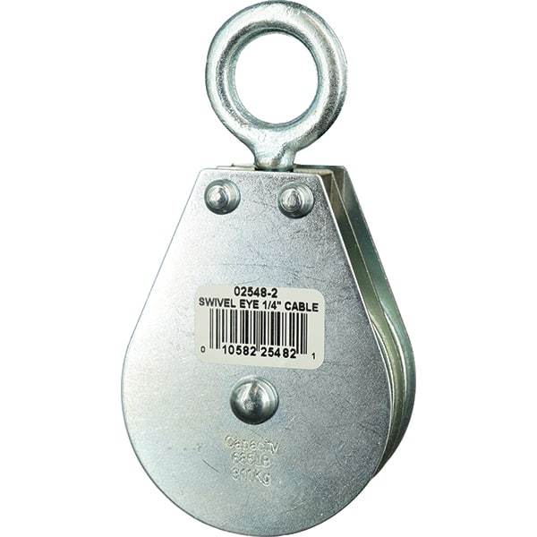 Block Division - 685 Lbs. Load Limit, Swivel Eye Standard Block - Double Sheave, 2-1/2 Inch Outside Diameter, Wire Rope, 1/4 Inch Diameter, Eye, 7/8 Inch Inside Diameter, Carbon Steel, Zinc Plated Finish - Makers Industrial Supply