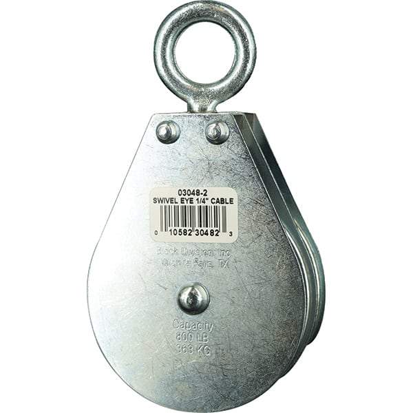 Block Division - 800 Lbs. Load Limit, Swivel Eye Standard Block - Double Sheave, 3 Inch Outside Diameter, Wire Rope, 1/4 Inch Diameter, Eye, 7/8 Inch Inside Diameter, Carbon Steel, Zinc Plated Finish - Makers Industrial Supply