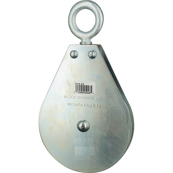 Block Division - 640 Lbs. Load Limit, Swivel Eye Snatch Block - Single Sheave, 3 Inch Outside Diameter, Wire Rope, 1/4 Inch Diameter, Eye, 7/8 Inch Inside Diameter, Carbon Steel, Zinc Plated Finish - Makers Industrial Supply