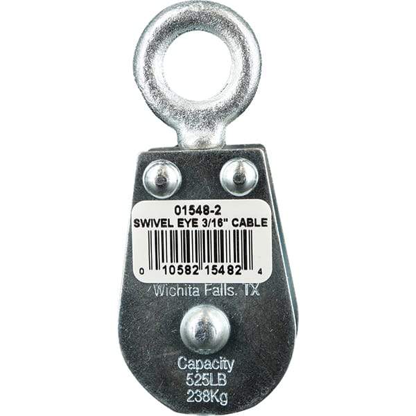 Block Division - 525 Lbs. Load Limit, Swivel Eye Snatch Block - Double Sheave, 1-5/8 Inch Outside Diameter, Wire Rope, 3/16 Inch Diameter, Eye, 5/8 Inch Inside Diameter, Carbon Steel, Zinc Plated Finish - Makers Industrial Supply