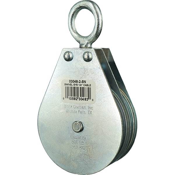 Block Division - 800 Lbs. Load Limit, Swivel Eye Snatch Block - Double Sheave, 3 Inch Outside Diameter, Wire Rope, 1/4 Inch Diameter, Eye, 7/8 Inch Inside Diameter, Carbon Steel, Zinc Plated Finish - Makers Industrial Supply