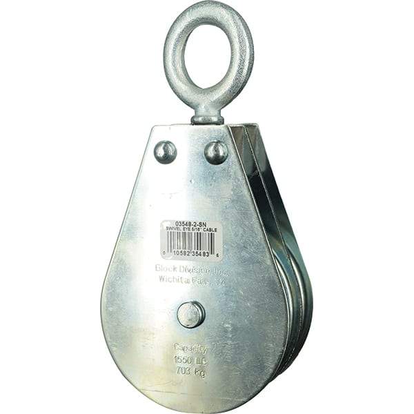 Block Division - 1, 550 Lbs. Load Limit, Swivel Eye Snatch Block - Double Sheave, 3-3/4 Inch Outside Diameter, Wire Rope, 5/16 Inch Diameter, Eye, 1-3/16 Inch Inside Diameter, Carbon Steel, Zinc Plated Finish - Makers Industrial Supply