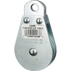 Block Division - 600 Lbs. Load Limit, Rigid Eye Block - Single Sheave, 2 Inch Outside Diameter, Wire Rope, 3/16 Inch Diameter, Eye, 3/8 Inch Inside Diameter, Carbon Steel, Zinc Plated Finish - Makers Industrial Supply