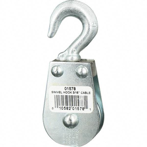 Block Division - 525 Lbs. Load Limit, Swivel Hook Block - Single Sheave, 1-1/2 Inch Outside Diameter, Wire Rope, 3/16 Inch Diameter, Eye, 3/8 Inch Inside Diameter, Carbon Steel, Zinc Plated Finish - Makers Industrial Supply