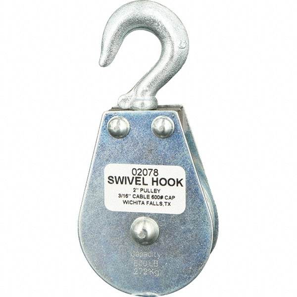 Block Division - 600 Lbs. Load Limit, Swivel Hook Block - Single Sheave, 2 Inch Outside Diameter, Wire Rope, 3/16 Inch Diameter, Eye, 3/8 Inch Inside Diameter, Carbon Steel, Zinc Plated Finish - Makers Industrial Supply