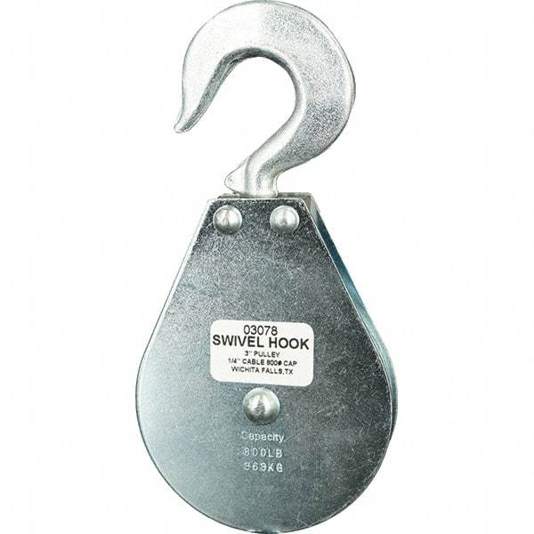 Block Division - 800 Lbs. Load Limit, Swivel Hook Block - Single Sheave, 3 Inch Outside Diameter, Wire Rope, 1/4 Inch Diameter, Eye, 3/8 Inch Inside Diameter, Carbon Steel, Zinc Plated Finish - Makers Industrial Supply