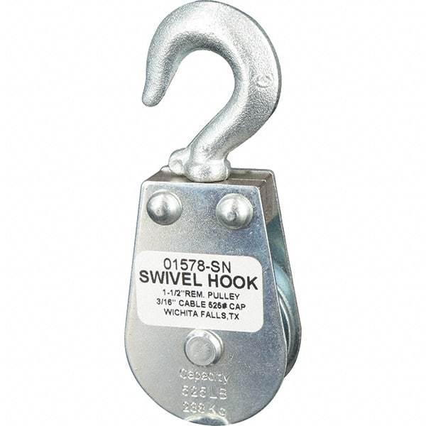 Block Division - 525 Lbs. Load Limit, Swivel Hook Block - Single Sheave, 1-5/8 Inch Outside Diameter, Wire Rope, 3/16 Inch Diameter, Eye, 3/8 Inch Inside Diameter, Carbon Steel, Zinc Plated Finish - Makers Industrial Supply