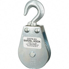 Block Division - 600 Lbs. Load Limit, Swivel Hook Block - Single Sheave, 2-1/8 Inch Outside Diameter, Wire Rope, 3/16 Inch Diameter, Eye, 3/8 Inch Inside Diameter, Carbon Steel, Zinc Plated Finish - Makers Industrial Supply