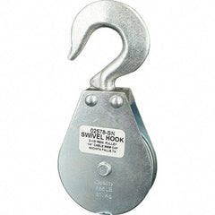 Block Division - 685 Lbs. Load Limit, Swivel Hook Block - Single Sheave, 2-5/8 Inch Outside Diameter, Wire Rope, 1/4 Inch Diameter, Eye, 3/8 Inch Inside Diameter, Carbon Steel, Zinc Plated Finish - Makers Industrial Supply