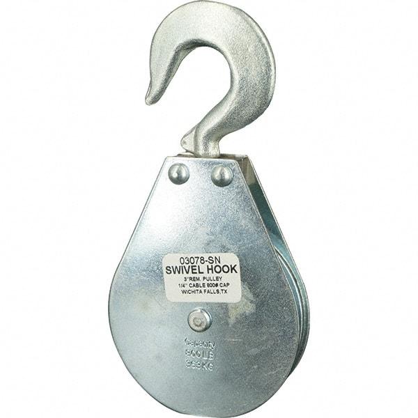 Block Division - 800 Lbs. Load Limit, Swivel Hook Block - Single Sheave, 3-1/8 Inch Outside Diameter, Wire Rope, 1/4 Inch Diameter, Eye, 3/8 Inch Inside Diameter, Carbon Steel, Zinc Plated Finish - Makers Industrial Supply