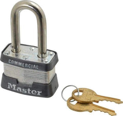 Master Lock - 1-1/2" Shackle Clearance, Keyed Different Padlock - 5/8" Shackle Width, 9/32" Shackle Diam, Laminated Steel - Makers Industrial Supply