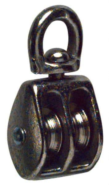 Value Collection - Swivel Eye Double Sheave Pulley - Sheave, 1 Inch Outside Diameter, Fibrous Rope, 1/4 Inch Diameter, Gray Iron, Nickel Plated Finish - Makers Industrial Supply