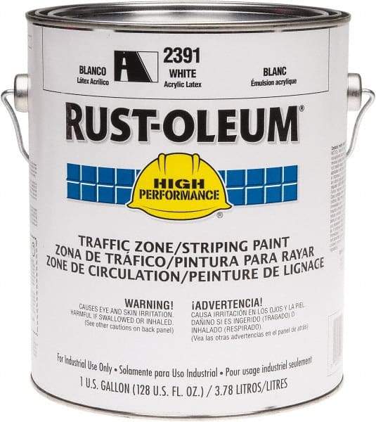 Rust-Oleum - 1 Gallon White Water Based Striping Paint - 410 Linear Ft. at 4 Inch Wide, <100 VOC Compliant, 30 Minutes Tack Free Dry Time, 8 Hrs Recoat Dry Time - Makers Industrial Supply