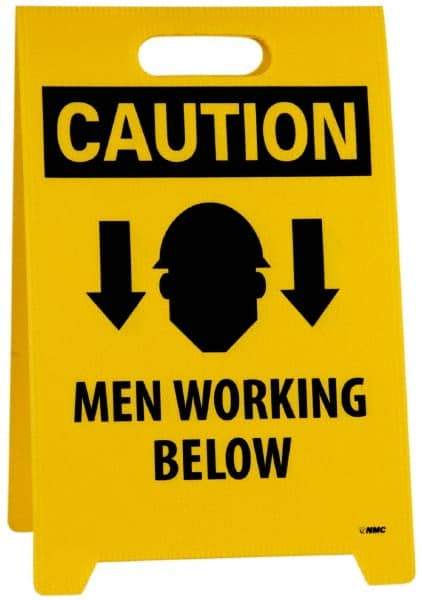 NMC - Caution - Men Working Above, Caution - Men Working Below, 12" Wide x 19" High, Plastic Floor Sign - A-Frame, Black on Yellow, For Accident Prevention - Makers Industrial Supply