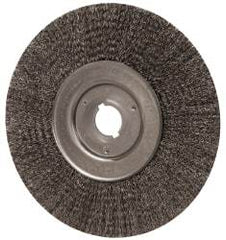 Weiler - 10" OD, 1-1/4" Arbor Hole, Crimped Steel Wheel Brush - 3/4" Face Width, 2-1/2" Trim Length, 0.014" Filament Diam, 4,000 RPM - Makers Industrial Supply