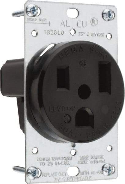 Leviton - 250 VAC, 50 Amp, 6-50P NEMA Configuration, Black, Industrial Grade, Self Grounding Single Receptacle - 1 Phase, 2 Poles, 3 Wire, Flush Mount, Tamper Resistant - Makers Industrial Supply