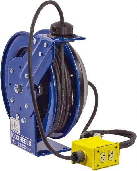 CoxReels - 12 AWG, 100' Cable Length, Cord & Cable Reel with Quad Outlet End - 4 Outlets, NEMA 5-20R, 20 Amps, 115 Volts, SJO Cable, Blue Reel, Spring Driven Reel - Makers Industrial Supply