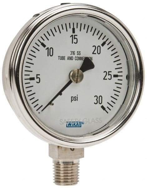 Wika - 2-1/2" Dial, 1/4 Thread, 0-30 Scale Range, Pressure Gauge - Lower Connection Mount, Accurate to 2-1-2% of Scale - Makers Industrial Supply