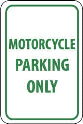 NMC - "Motorcycle Parking Only", 12" Wide x 18" High, Aluminum Reserved Parking Signs - 0.063" Thick, Green on White, Rectangle, Post Mount - Makers Industrial Supply