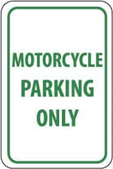 NMC - "Motorcycle Parking Only", 12" Wide x 18" High, Aluminum Reserved Parking Signs - 0.063" Thick, Green on White, Rectangle, Post Mount - Makers Industrial Supply