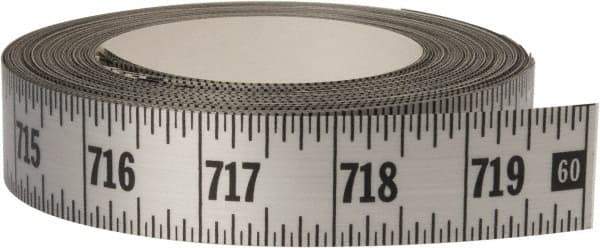 Made in USA - 60 Ft. Long x 1 Inch Wide, 1/16 Inch Graduation, Silver, Mylar Adhesive Tape Measure - Reads Left to Right, Horizontal Scale - Makers Industrial Supply