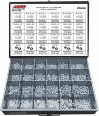 Value Collection - 1,200 Piece, #6-32 to 1/4-20, Steel Machine Screw Assortment - Round Head, Slotted Drive, 1/2 to 1" Long, Grade 2 - Makers Industrial Supply