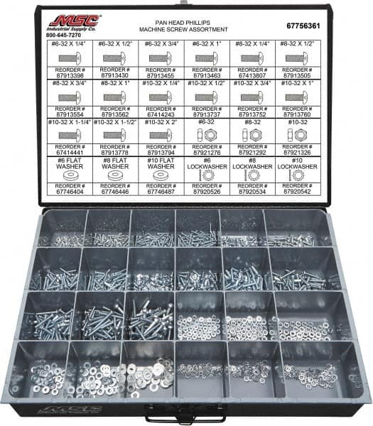 Value Collection - 1,200 Piece, #6-32 to #10-32, Steel Machine Screw Assortment - Pan Head, Phillips Drive, 1/4 to 2" Long, Grade 2 - Makers Industrial Supply