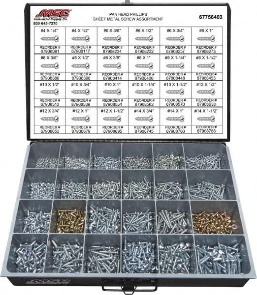 Value Collection - 2,000 Piece, #4x1/4 to #10 x 1-1/4, Steel Sheet Metal Screw Assortment - Pan Head, Phillips Drive, 1/4 to 1-1/2" Long, Grade 2 - Makers Industrial Supply