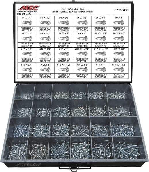 Value Collection - 2,000 Piece, #4x1/4 to #10 x 1-1/4, Steel Sheet Metal Screw Assortment - Pan Head, Slotted Drive, 1/4 to 1-1/2" Long, Grade 2 - Makers Industrial Supply