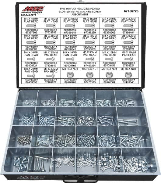 Value Collection - 590 Piece, M4x10.00 to M8x50.00, Steel Machine Screw Assortment - Flat & Pan Head, Slotted Drive, 10 to 50mm Long, Grade 2 - Makers Industrial Supply