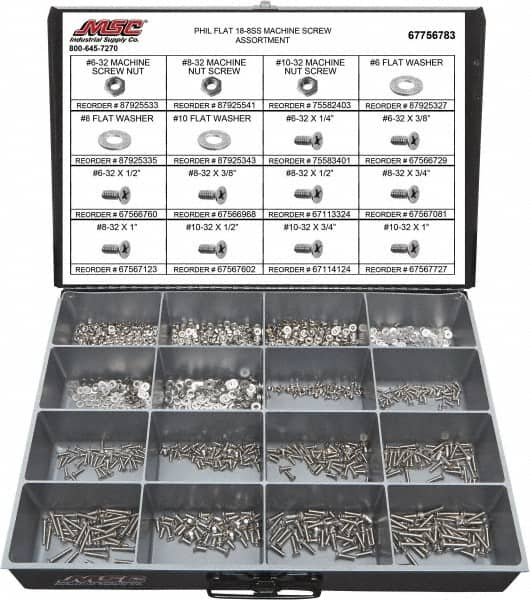 Value Collection - 1,400 Piece, #6-32 to #10-32, Stainless Steel Machine Screw Assortment - Flat Head, Phillips Drive, 1/4 to 1" Long, Grade 18-8 - Makers Industrial Supply